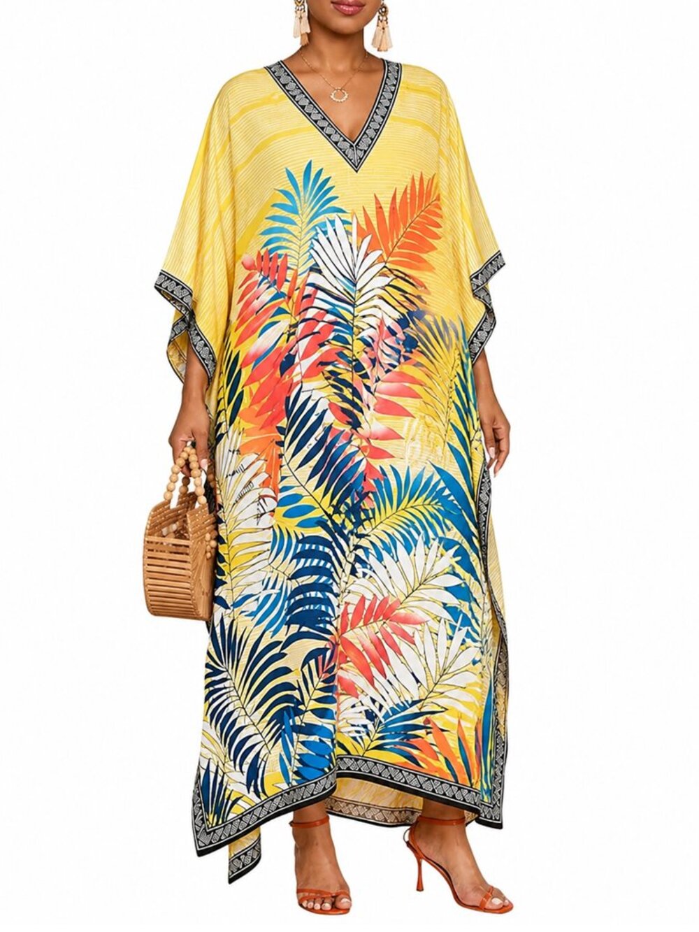 Women Plus Size Yellow Leaf Printed Caftan Dress Plus Size Moo Moos Dresses